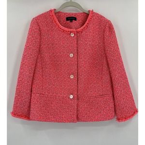 Talbots Tweed Blazer Jacket Women's 12 Hot Pink Fringe Trim 3/4 Sleeves Lined